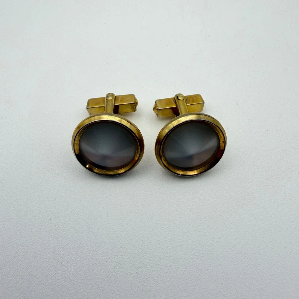 Anson Cufflinks Mens Gold tone Grey Cats Eye‎ Vintage Mid Century Round Toggle